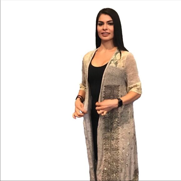 Very Moda Long Duster Cream Lace Embellished S/M Medium - Picture 2 of 6